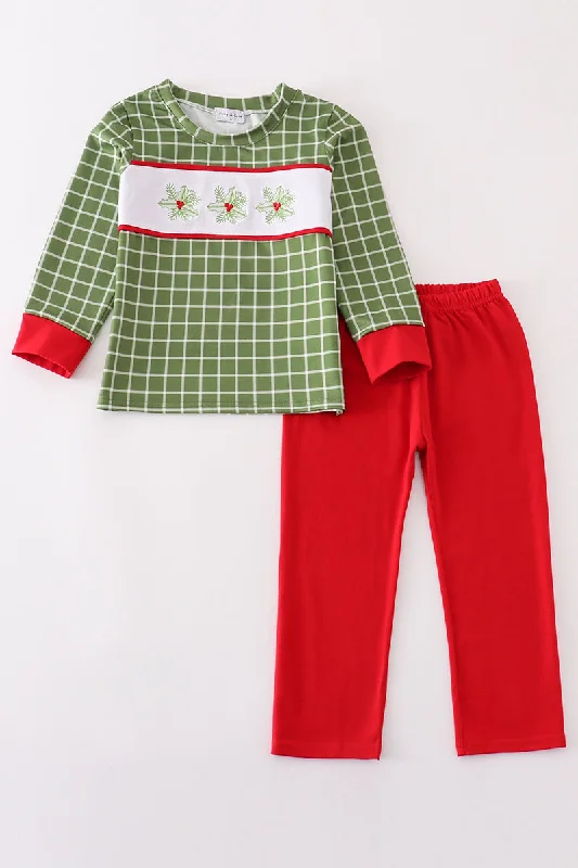 Economic Outlook Green christmas holly embroidery boy set