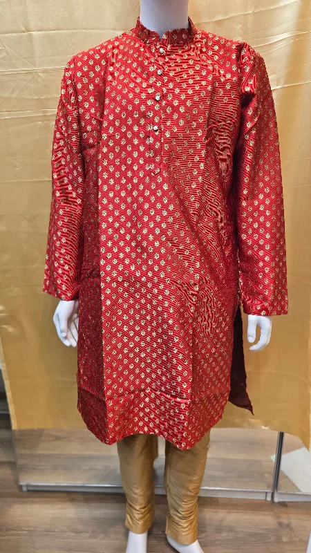 Fashion Innovation Amazing Red Color Men's Jacquard Banarasi Brocade Kurta Suits