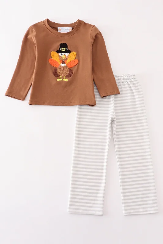 Cozy Apparel Brown turkey french knot boy set