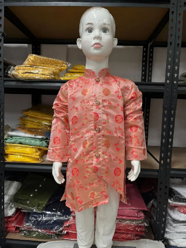 Fresh And Fashionable Attractive Pink Colored Heavy Cotton Pajama Jacquard Kurta Sets For Boys