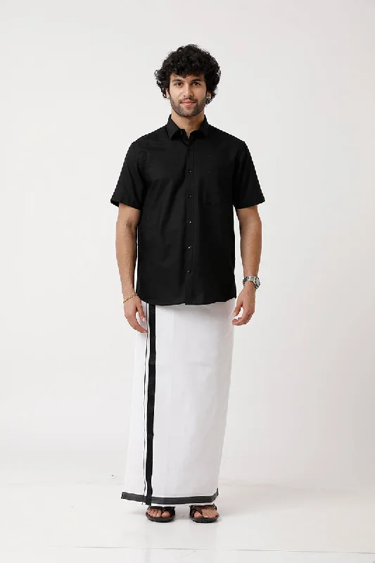 Varna - Black Matching Shirt and Double Dhoti Set For Men | Uathayam