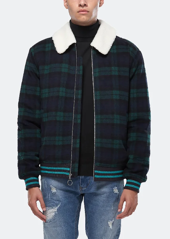 Carefree Konus Men's Wool Blend Plaid Jacket with Sherpa Collar in Green