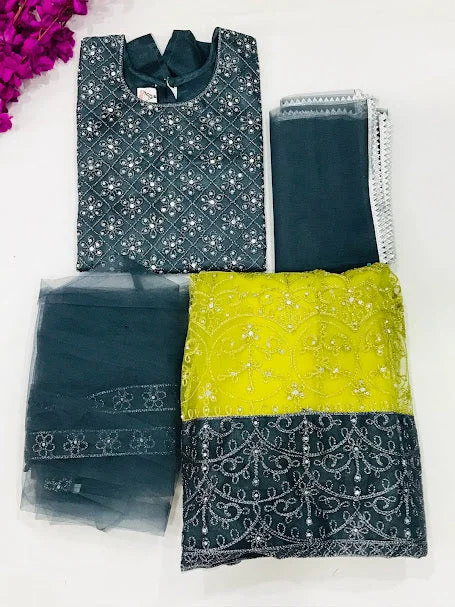 Timeless Outfits Dazzling Gray Colored Embroidery Work Lehenga Choli With Shrug And Dupatta