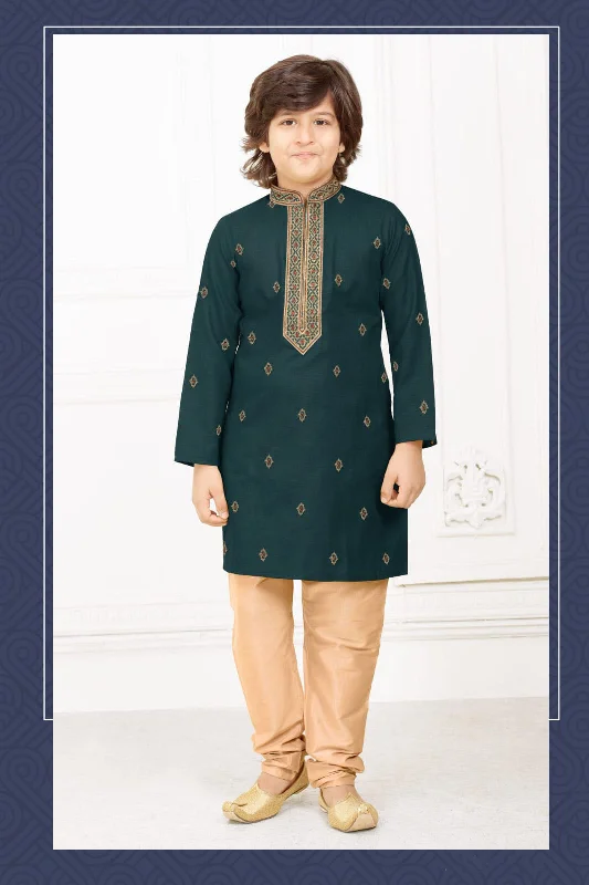 Youthful Attractive Green Colored Poly Cotton Kurta And Pajama With Embroidery Work For Kids