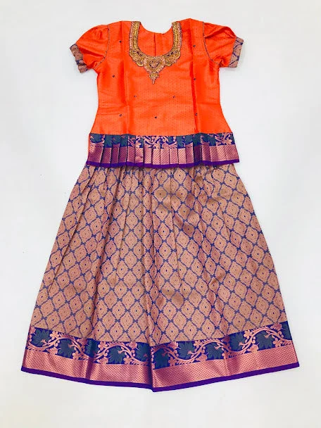 Cozy Chic Wear Elegant Orange Colored Silk Embroidery Work Langa Sets For Girls