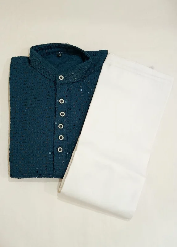 Timeless Style Attractive Teal Blue Colored Cotton Plain Kurta With Pajama Pant For Boy's