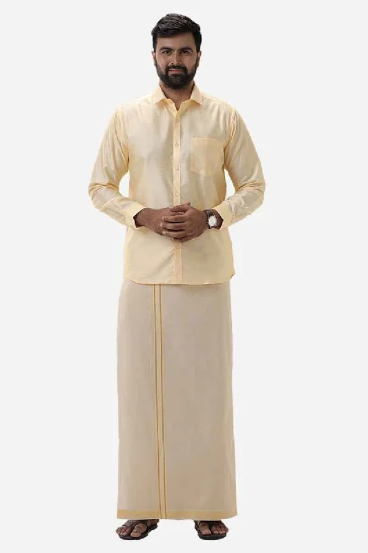 Divine Elite - Yellow Matching Shirt and Single Dhoti Set for Men | Uathayam