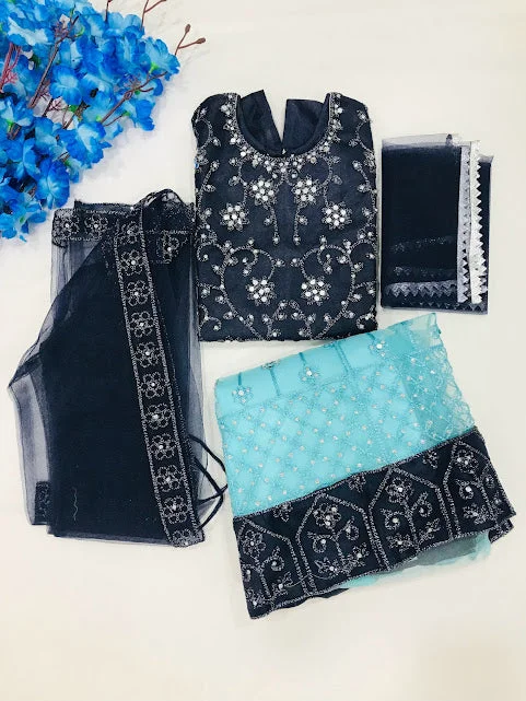 Celebrity Style Attractive Navy Blue Kids Lehenga Choli With Dupatta And Shrug