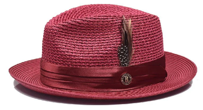 High Street Design Burgundy Fedora Braided Straw Hat