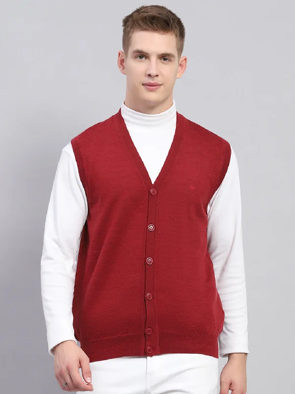 Thin Design Men Maroon Solid V Neck Sleeveless Cardigan