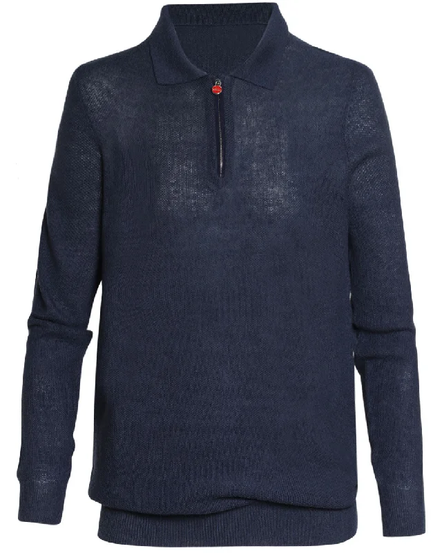 Elegant Wear Navy Linen Blend Knit Quarter Zip Sweater