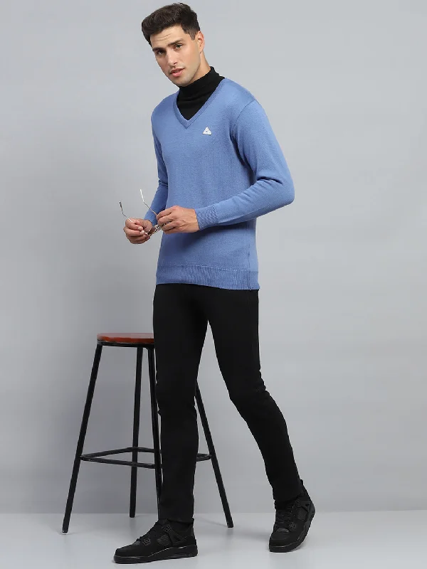 Light Dressing Men Blue Solid V Neck Full Sleeve Pullover