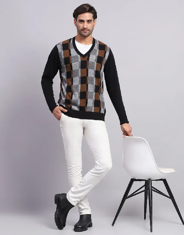 Multifunctional Style Men Black Self Design V Neck Full Sleeve Pullover