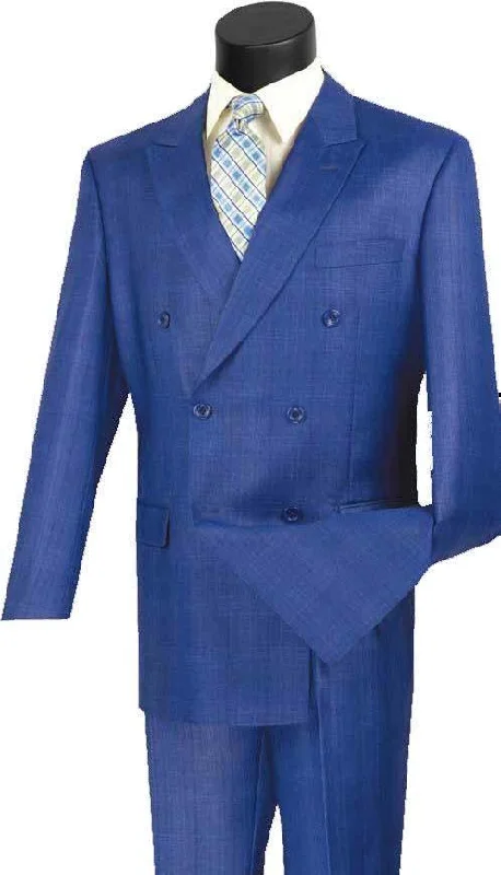 Nightclub Style Executive Double Breasted Regular Fit Glen Plaid Suit - Color Blue