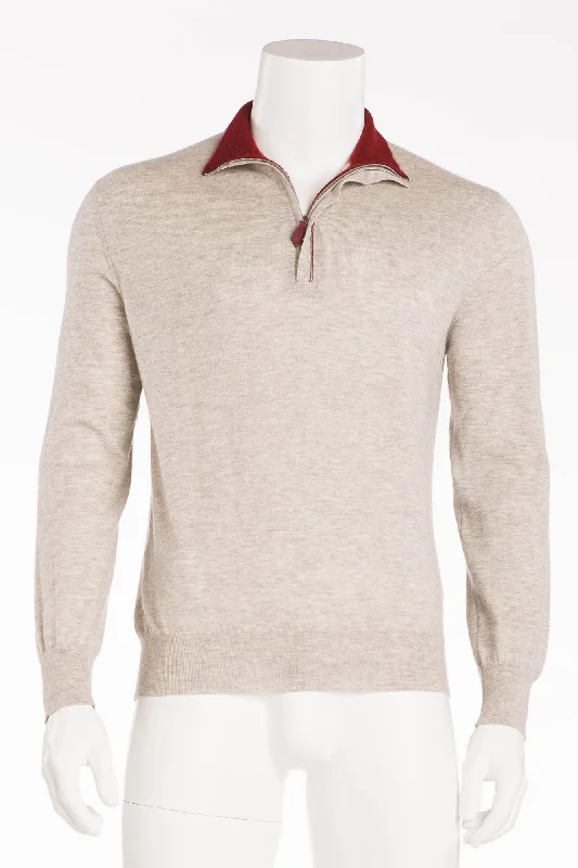 Simple Style Hermes - Grey Zip Neck Cashmere Sweater with Red Collar - XL