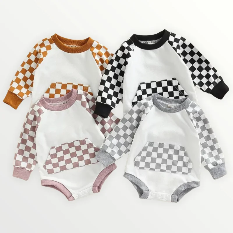 Trendy Items Onyx | Checkered Sweatshirt Romper - 4 Colors