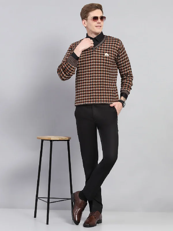 Cozy Lounge Wear Men Brown Stripe V Neck Full Sleeve Pullover