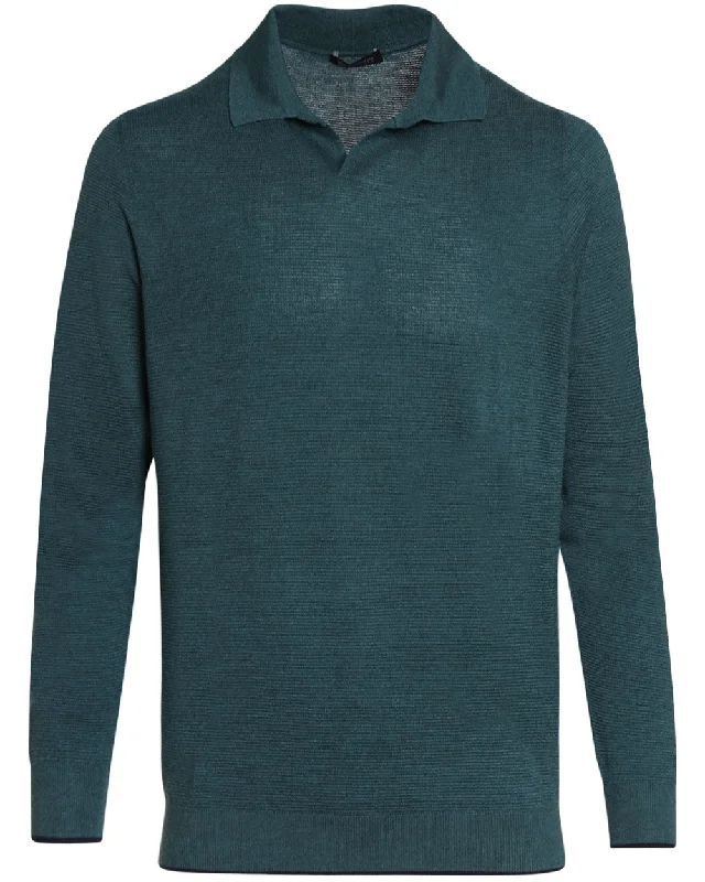 High Street Style Green and Navy Cashmere Blend Textured Long Sleeve Polo