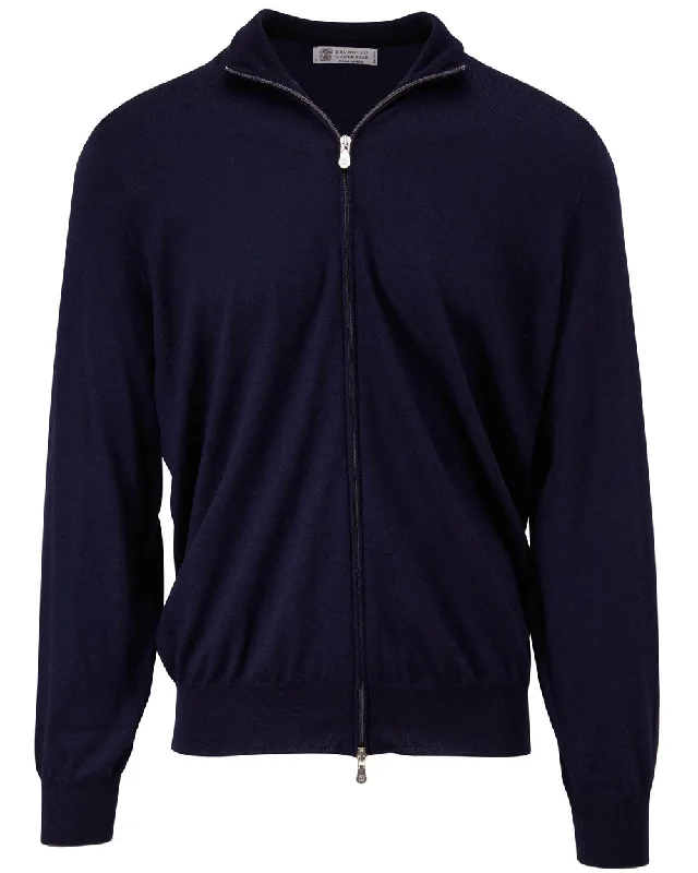 Minimal Classic Navy Wool and Cashmere Full Zip Sweater