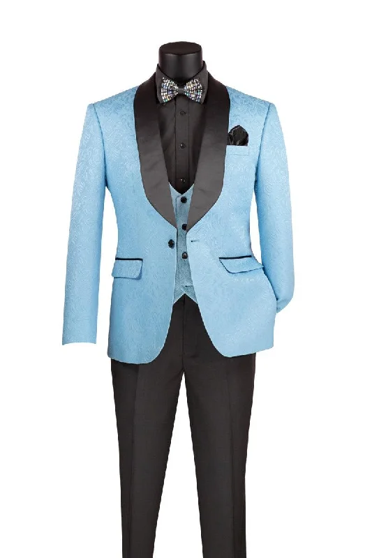 Modern City Light Blue Jaquard Three Piece Slim Fit Tuxedo