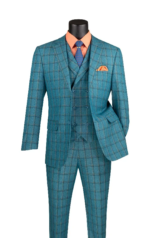 Noble And Elegant La Scale Collection-Windowpane Three Piece Suit - Teal