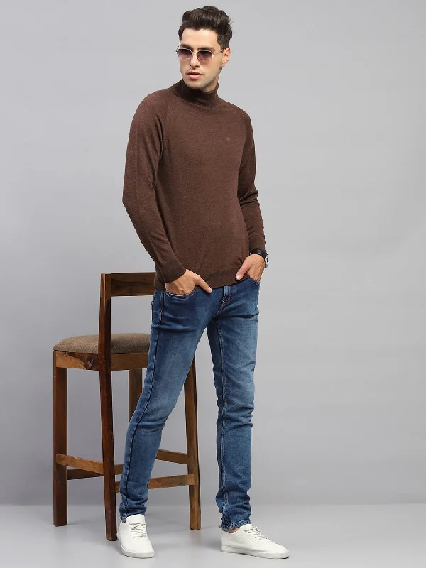 Elegant Design Men Brown Solid Turtle Neck Full Sleeve Pullover
