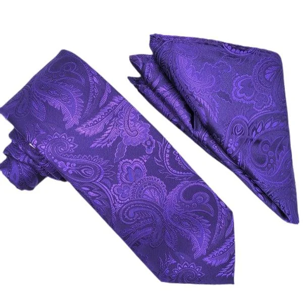 High-quality Design Purple Paisley Tie and Hanky Set