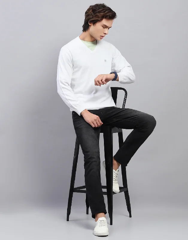 New Season Series Men White Solid V Neck Full Sleeve Pullover
