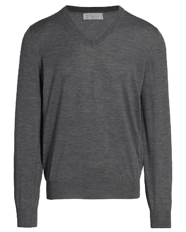 Classic Style Charcoal Wool and Cashmere V-Neck Sweater