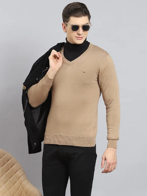 Celebrity Style Men Khaki Solid V Neck Full Sleeve Pullover
