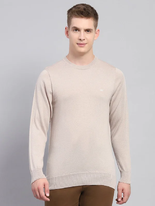 British Fashion Men Beige Solid Round Neck Full Sleeve Pullover