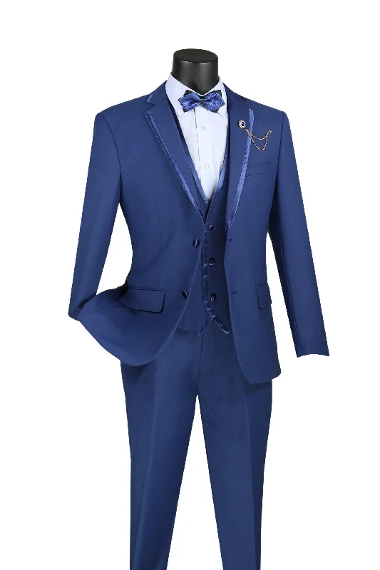 Versatile Itinerary Blue Trimmed Lapel Slim Fit 3 Piece Suit