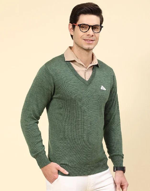 High-end Sense Men Green Solid V Neck Full Sleeve Pullover