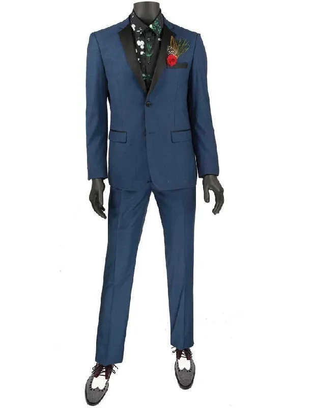 Cozy Chic Trends Ultra Slim Fit Blue with Black Lapel 2 Piece Tuxedo