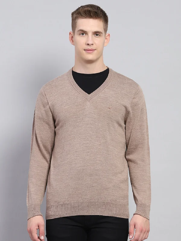 College Style Men Beige Solid V Neck Full Sleeve Pullover