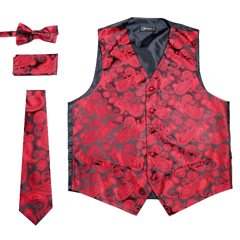 Simple Elegance Ferrecci Mens Red/Black Paisley Wedding Prom Grad Choir Band 4pc Vest Set
