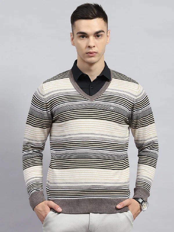 Soft Feel Men Beige Stripe V Neck Full Sleeve Pullover