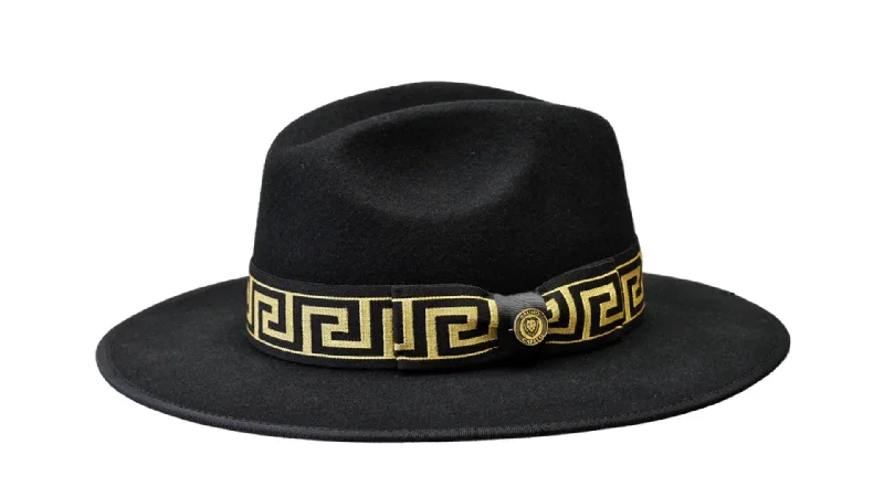 Printed Patterns Black Wide Brim Fedora with Gold Decorative Band Wool Felt Hat
