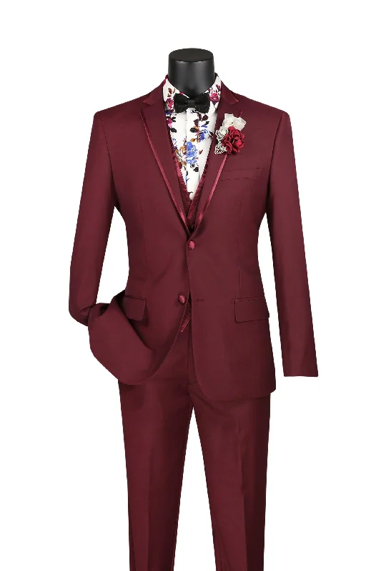 Simple Design Burgundy Trimmed Lapel Slim Fit 3 Piece Suit