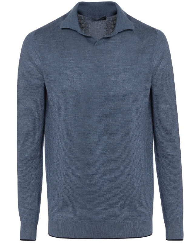Autumn Selection Blue Cashmere Blend Textured Long Sleeve Polo