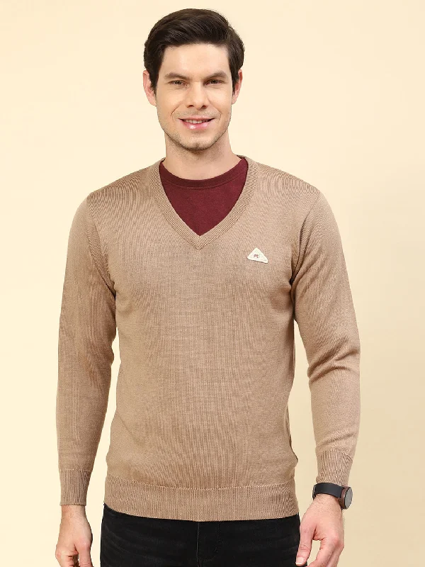 Stylish Jackets Men Khaki Solid V Neck Full Sleeve Pullover