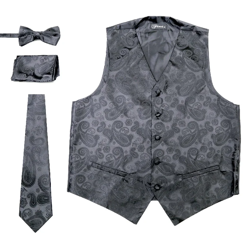 Exclusive Customization Ferrecci Mens Black Paisley Wedding Prom Grad Choir Band 4pc Vest Set