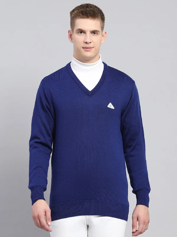 Easy Chic Men Blue Solid V Neck Full Sleeve Pullover