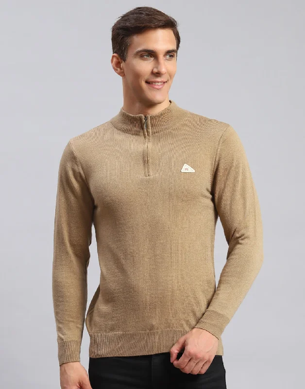 Soft Fabric Looks Men Brown Solid High Neck Full Sleeve Pullover