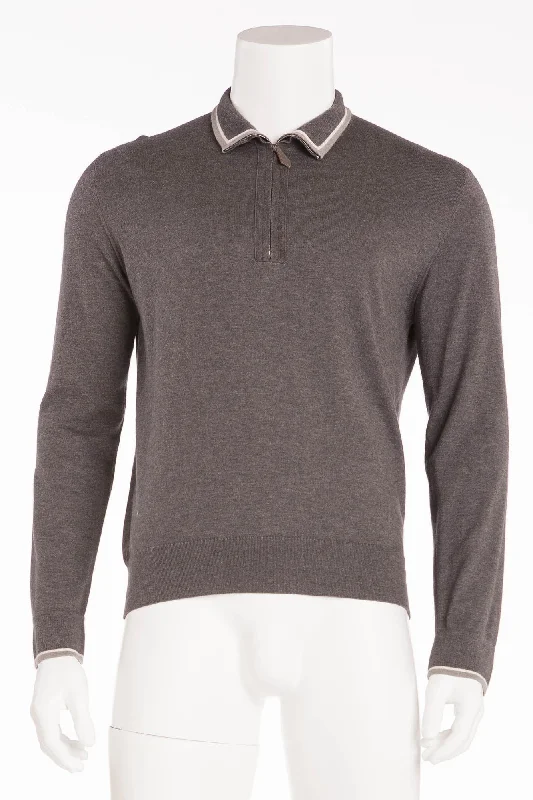 Ethnic Style Hermes - Long Sleeve Grey Zip Neck Sweater - L