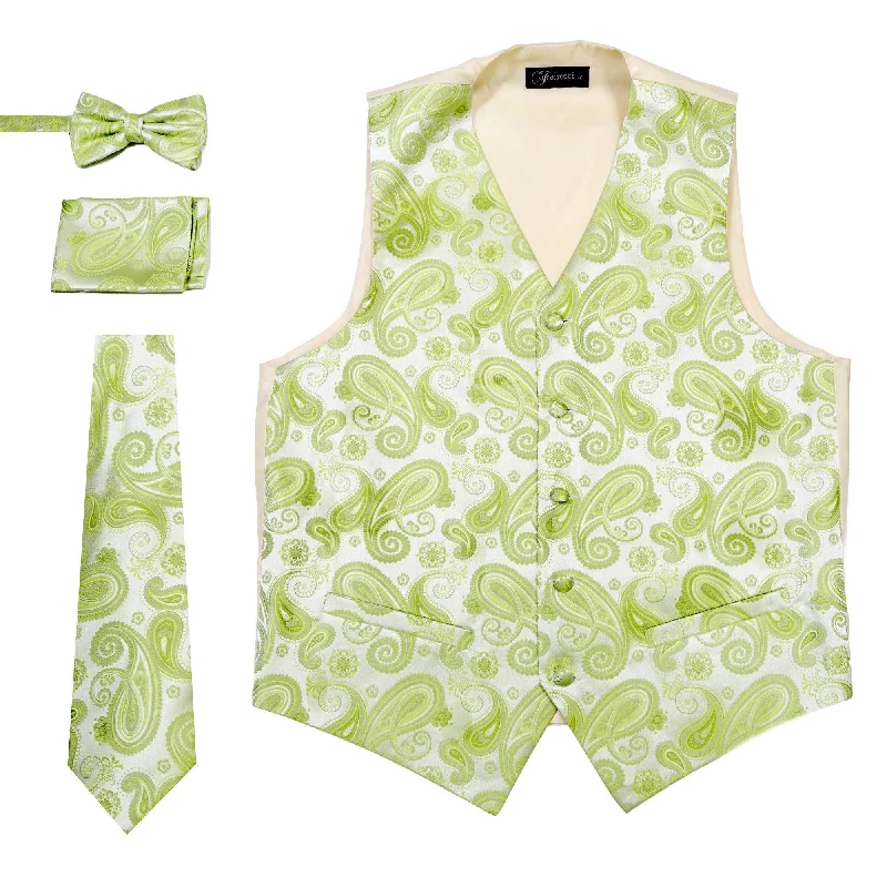French Retro Ferrecci Mens Limon Green Paisley Wedding Prom Grad Choir Band 4pc Vest Set