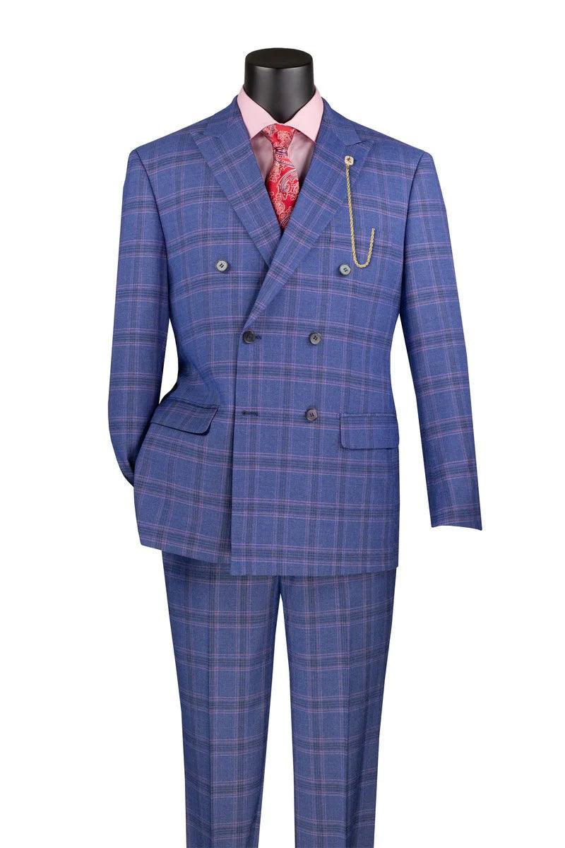 Embroidered Letters Blue Windowpane Double Breasted Suit