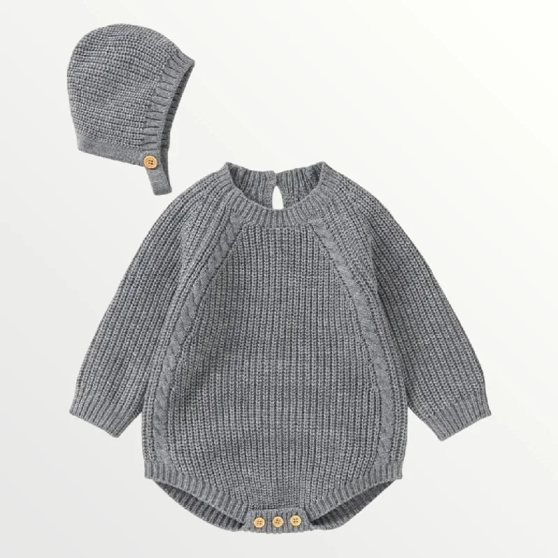 Easy Comfort Style Josie | Knit Ribbed Romper + Bonnet - Gray