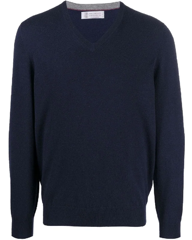 Minimal Style Navy Wool and Cashmere V-Neck Sweater