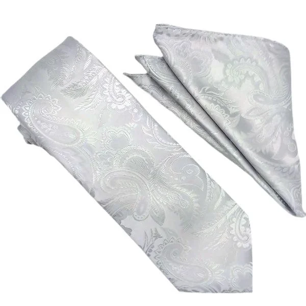 Free And Comfortable Silver Paisley Tie and Hanky Set